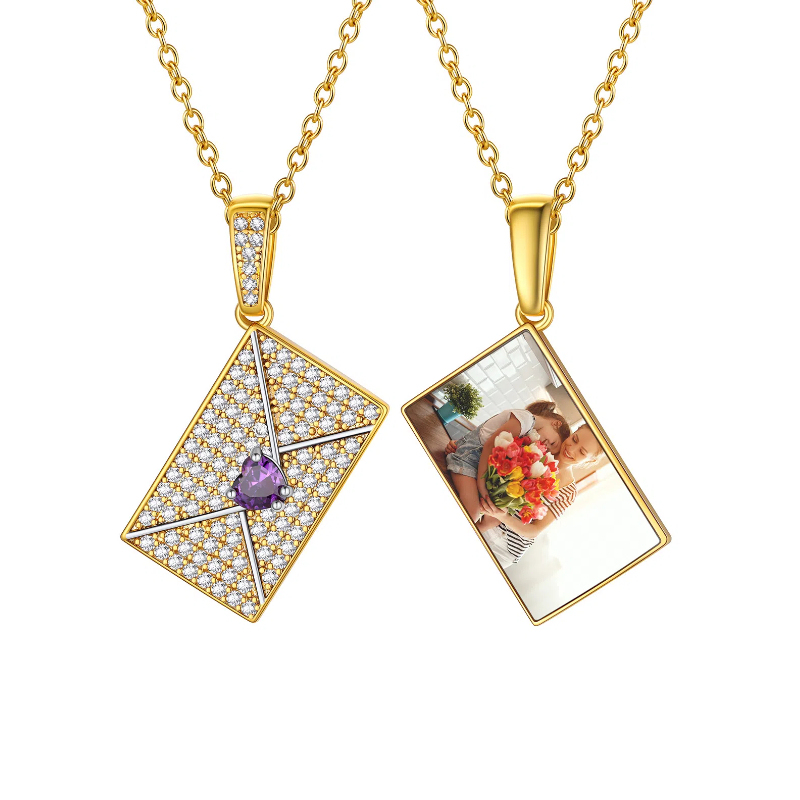 Women's Personalized Photo Envelope Necklace with Custom Birthstone gold