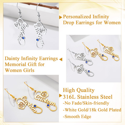 Personalized Birthstone Infinity Name Drop Earrings for Women detail