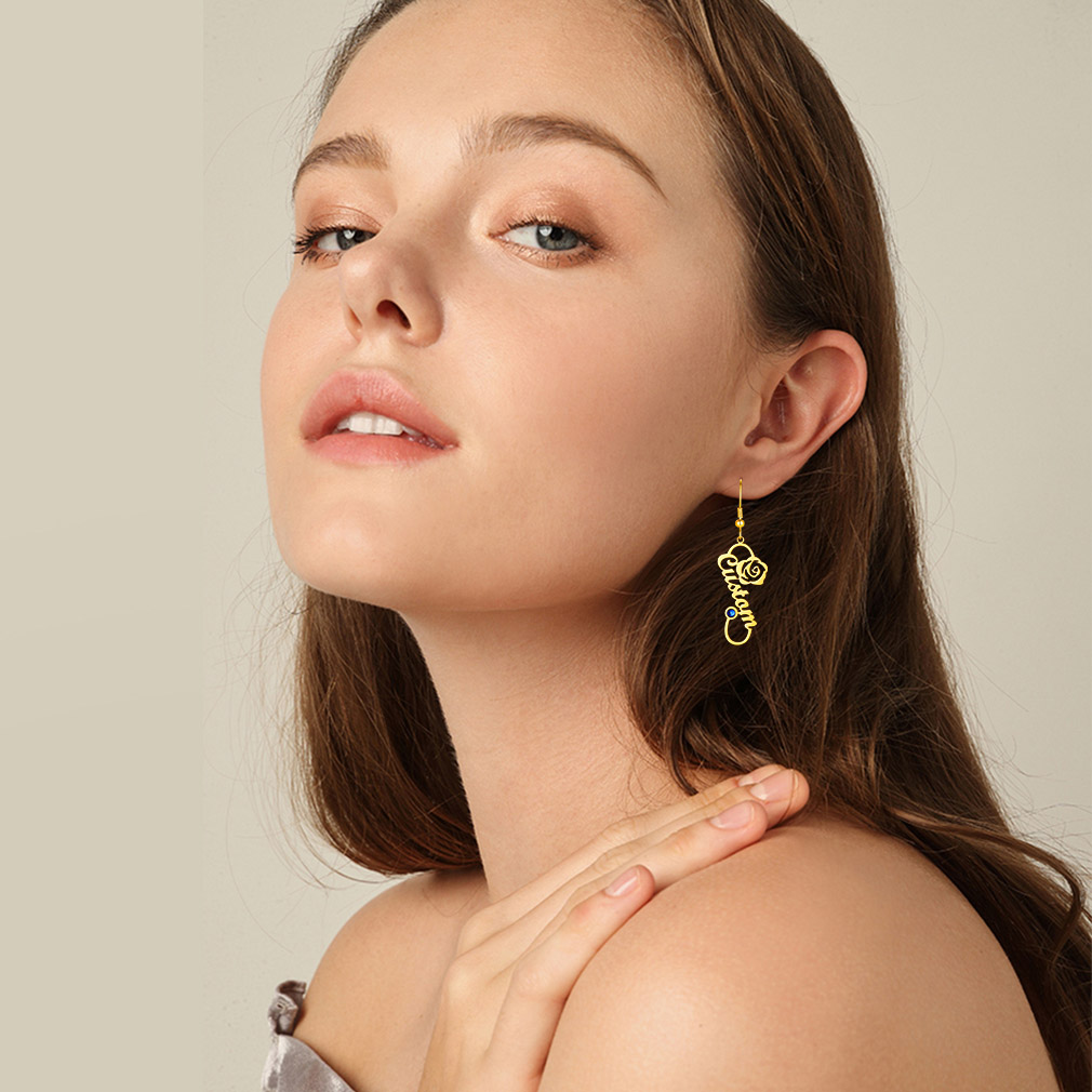 Personalized Birthstone Infinity Name Drop Earrings for Women model gold