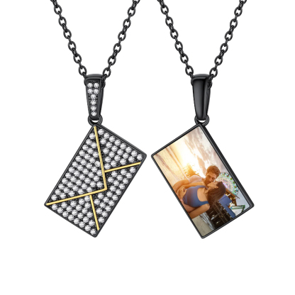 Custom Photo Necklaces for Women Envelope Pendant with Zirconia Stone black