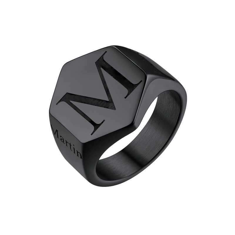 Personalized Engraved Hexagon Signet Rings for Men black