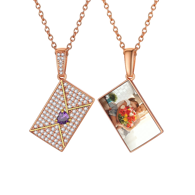 Women's Personalized Photo Envelope Necklace with Custom Birthstone rose gold