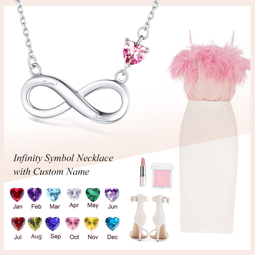  Custom Birthstone Engraved Infinity Heart Pendant Necklace for Women 
