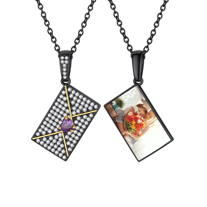 Women's Personalized Photo Envelope Necklace with Custom Birthstone black