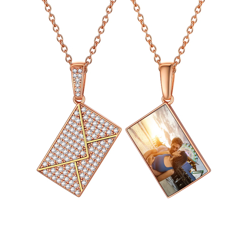 Custom Photo Necklaces for Women Envelope Pendant with Zirconia Stone rose gold