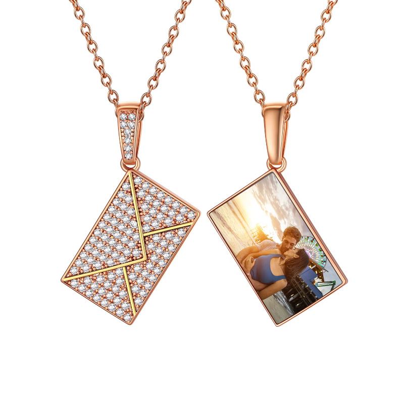 Custom Photo Necklaces for Women Envelope Pendant with Zirconia Stone rose gold
