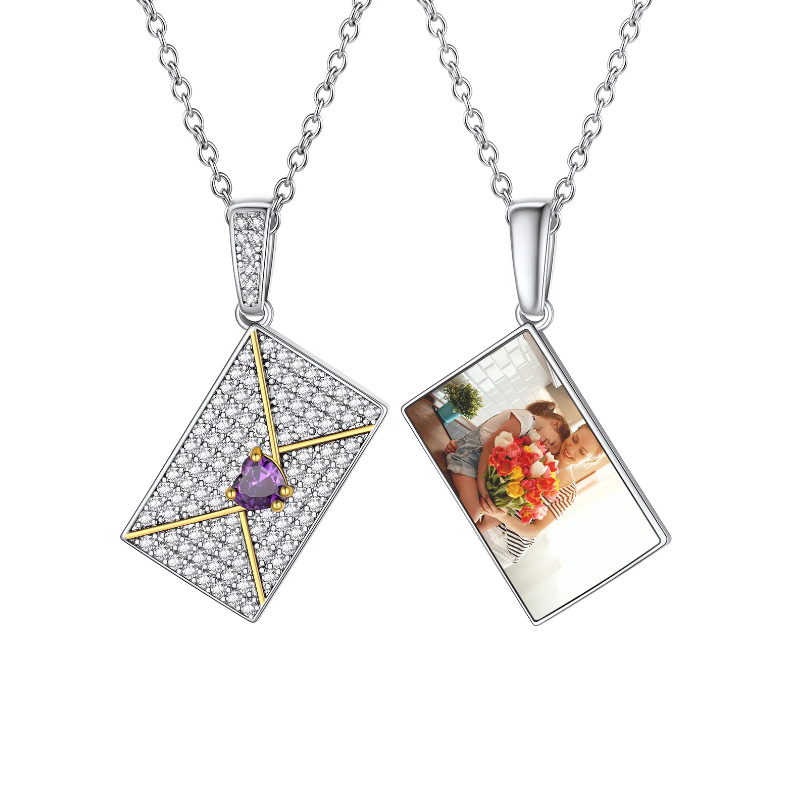 Women's Personalized Photo Envelope Necklace with Custom Birthstone silver