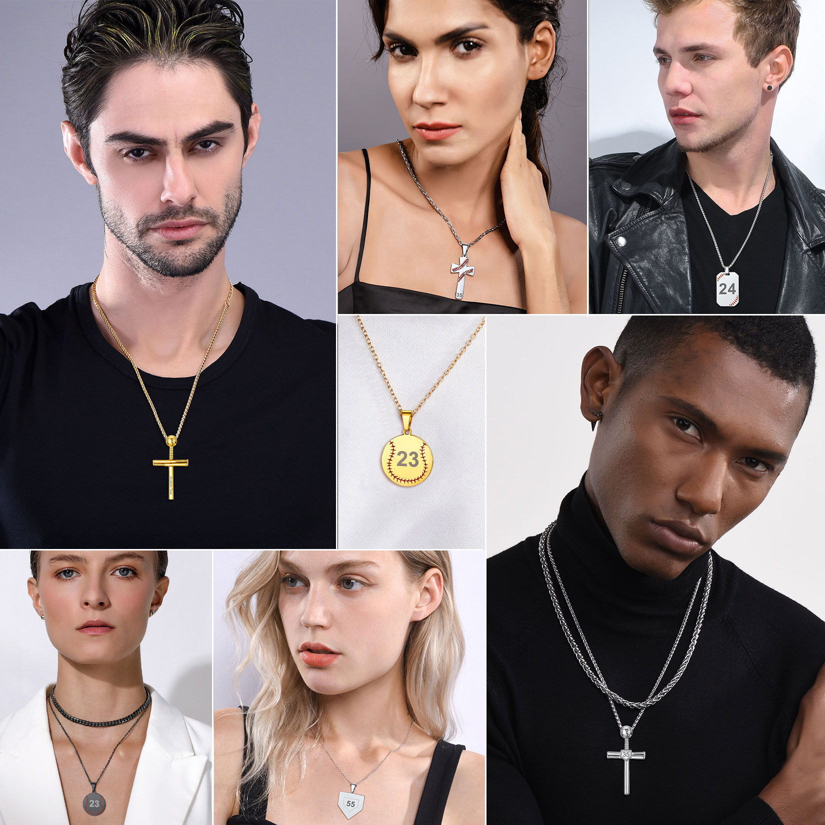 Custom Number Engraved Baseball Cross Necklaces model show