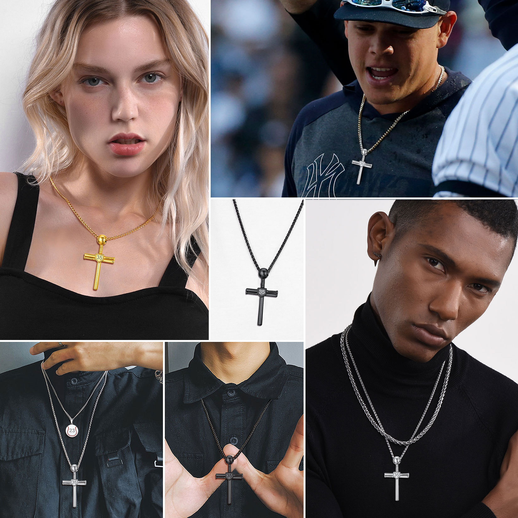 Custom Number Engraved Baseball Cross Necklaces for Men Women model show