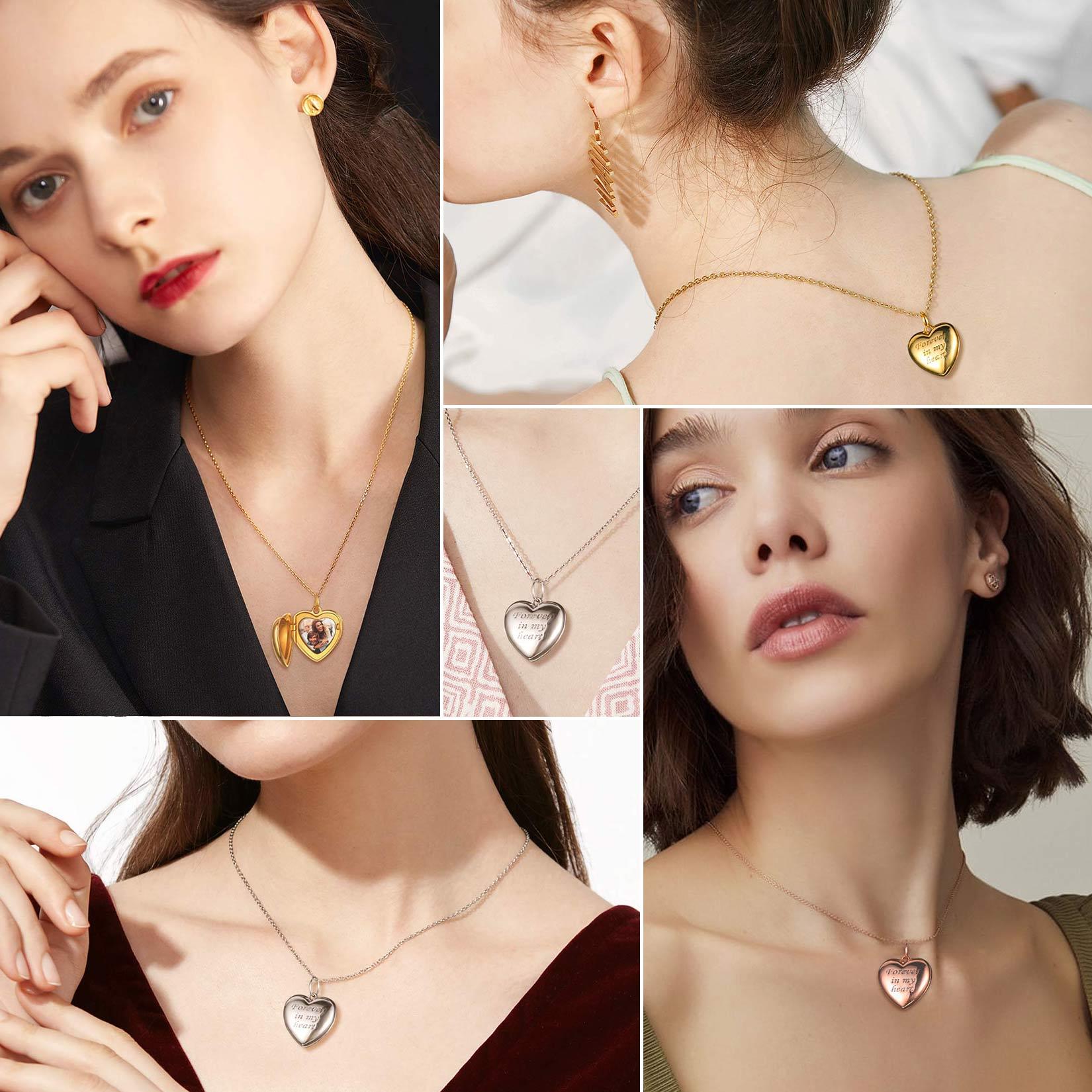 Personalized Photo Heart Silver Locket Necklace for Women model show