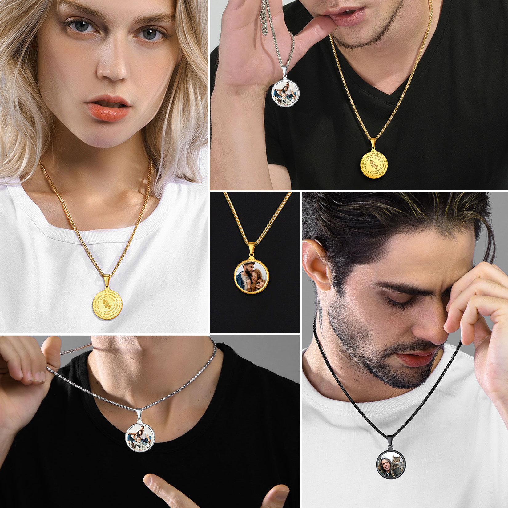 Personalized Photo Bible Verse Necklaces for Men Women model show