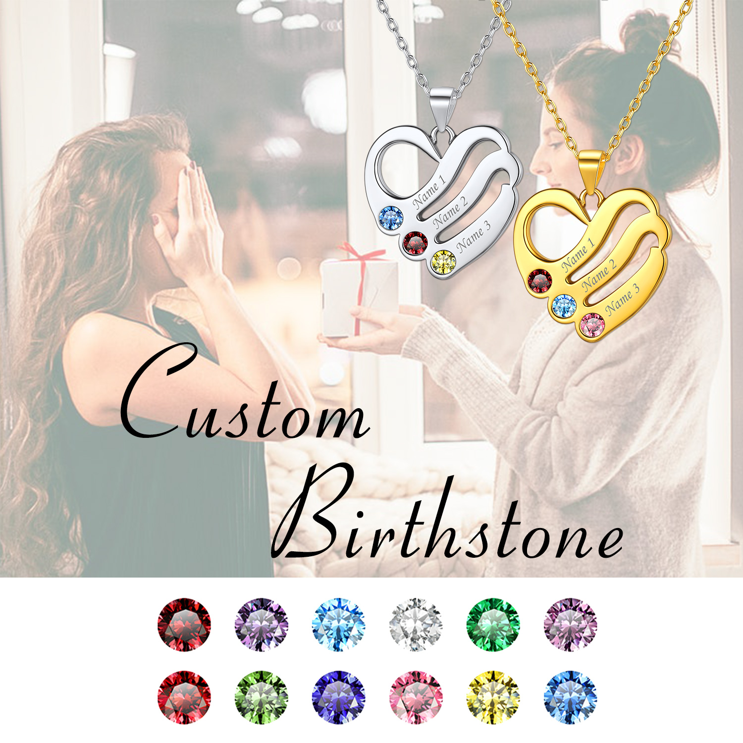Personalized Heart Necklace with Names and Birthstones