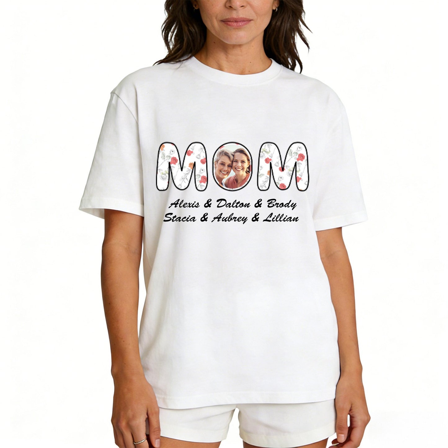 Personalized Mom T-Shirt with Kids' Names white flower