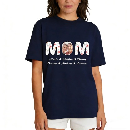 Navy Blue Personalized Mom T-Shirt with Kids' Names