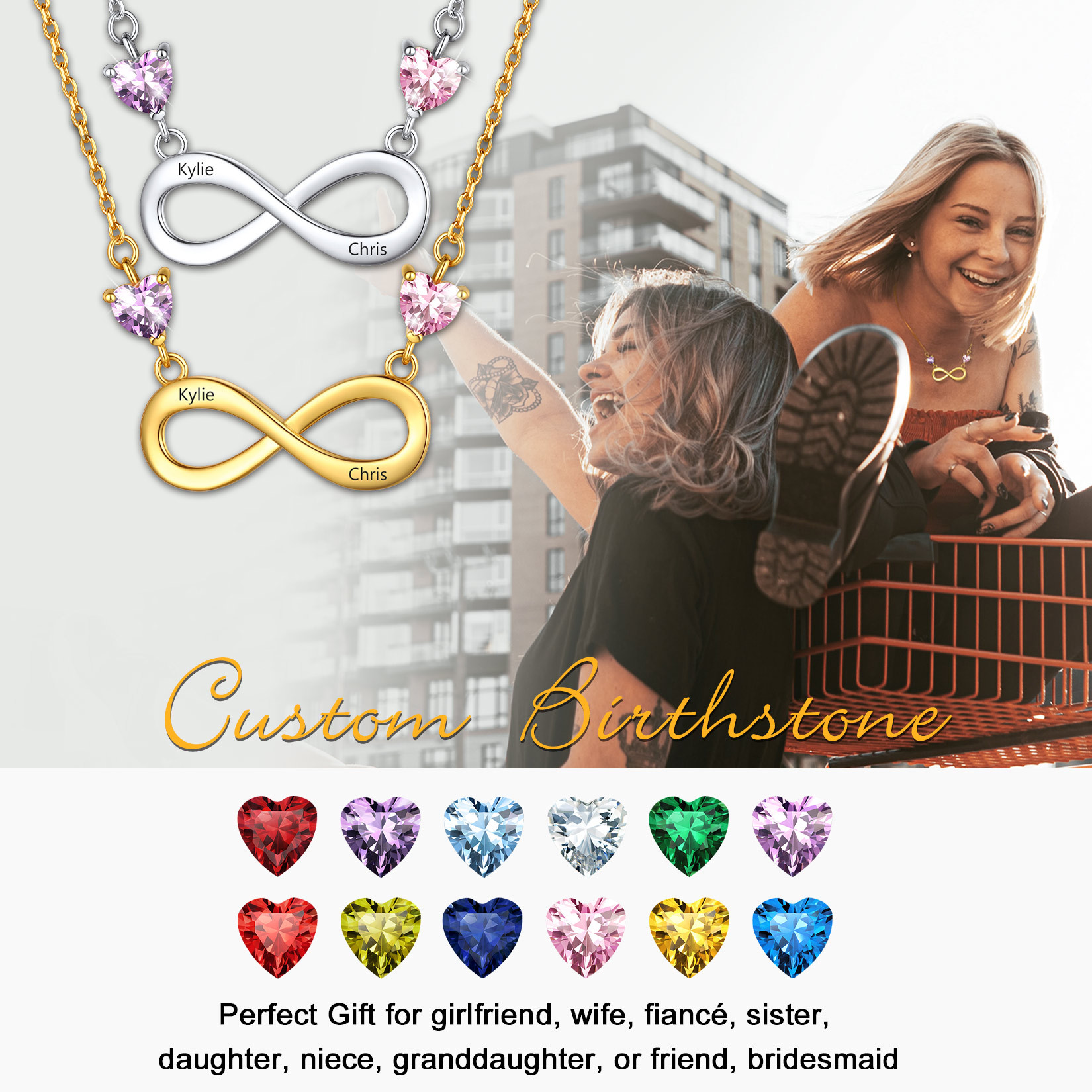  Custom Birthstone Infinity Heart Pendant Necklace 