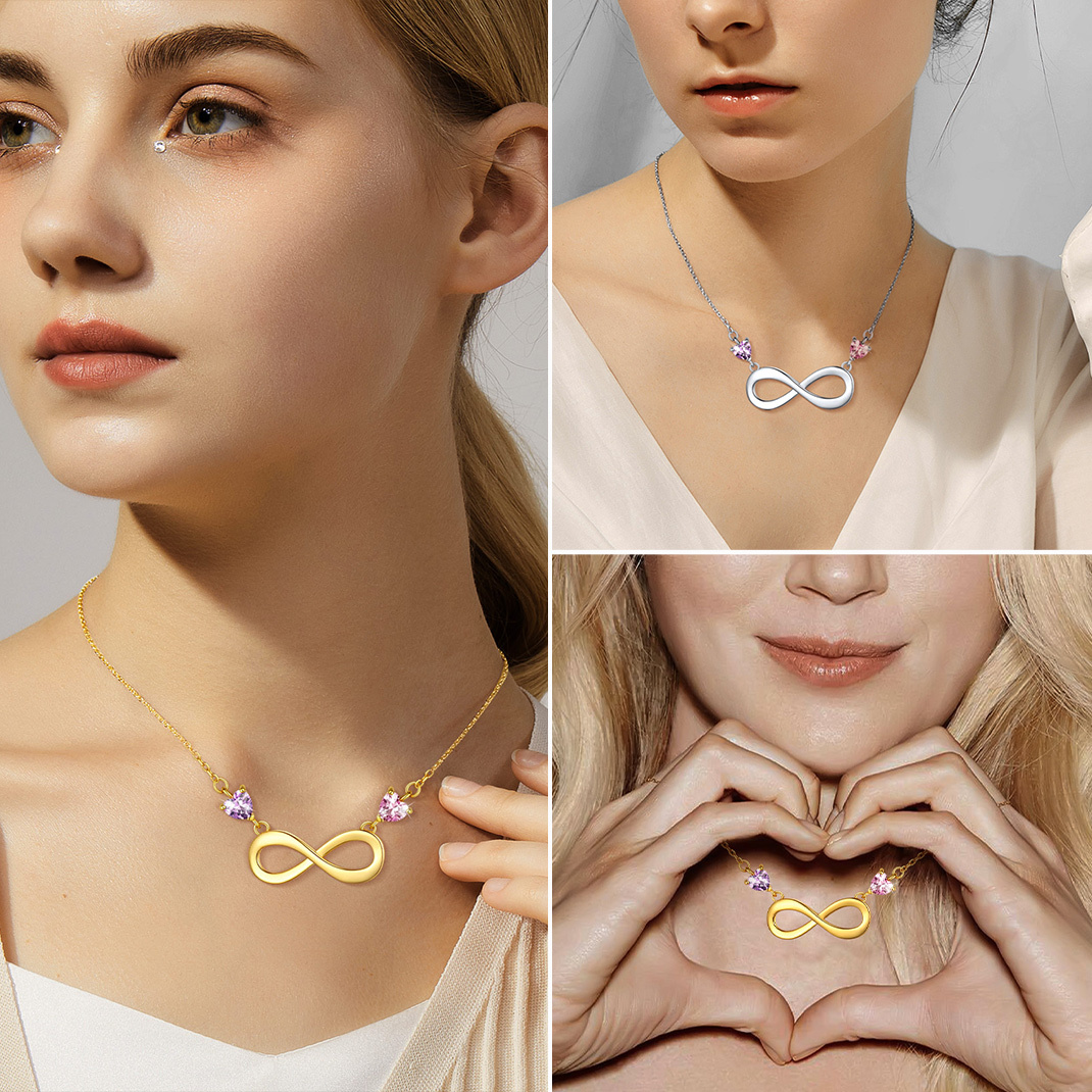  Custom Birthstone Infinity Heart Pendant Necklace for Women model 2 birthstones