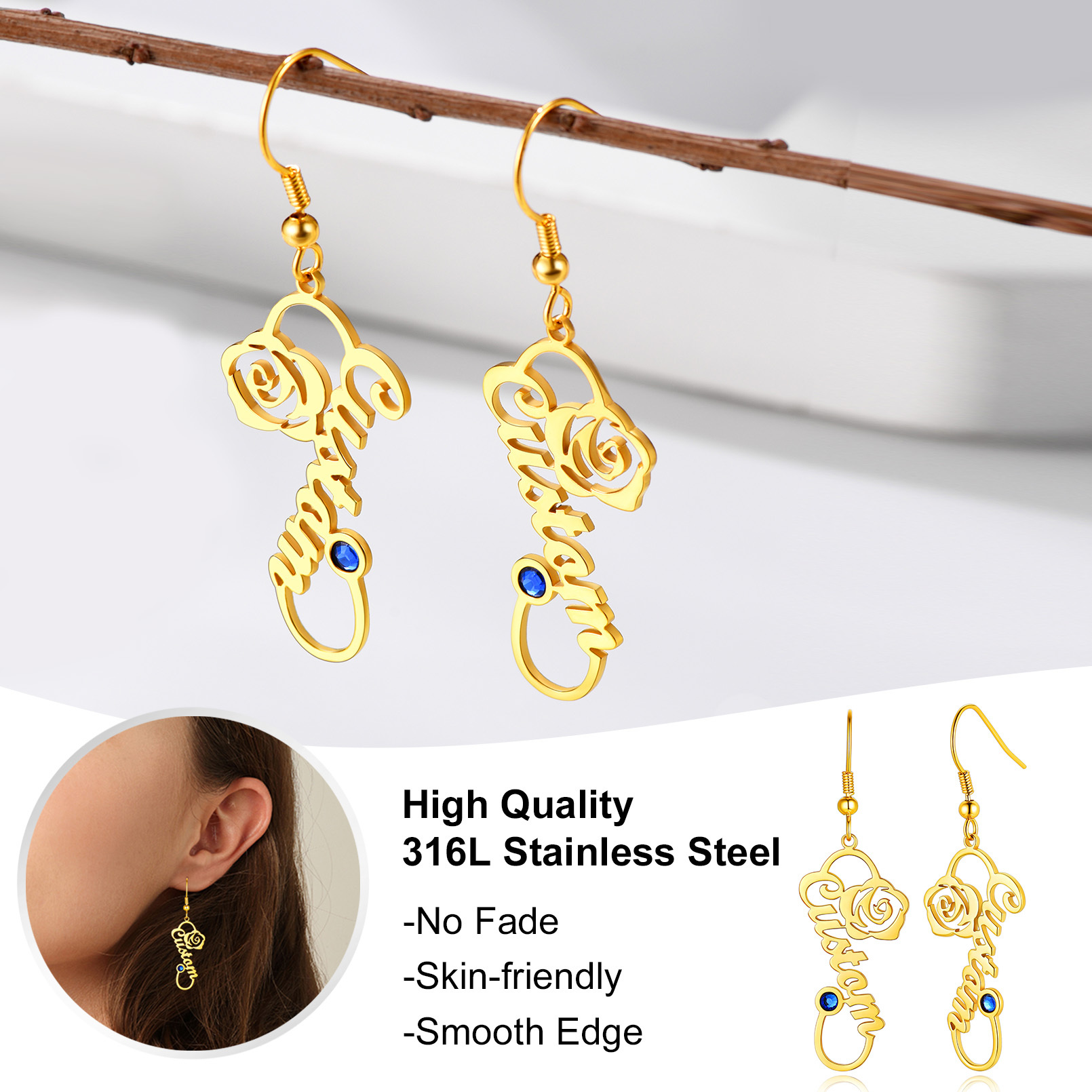 Personalized Birthstone Infinity Name Drop Earrings for Women stainless steel