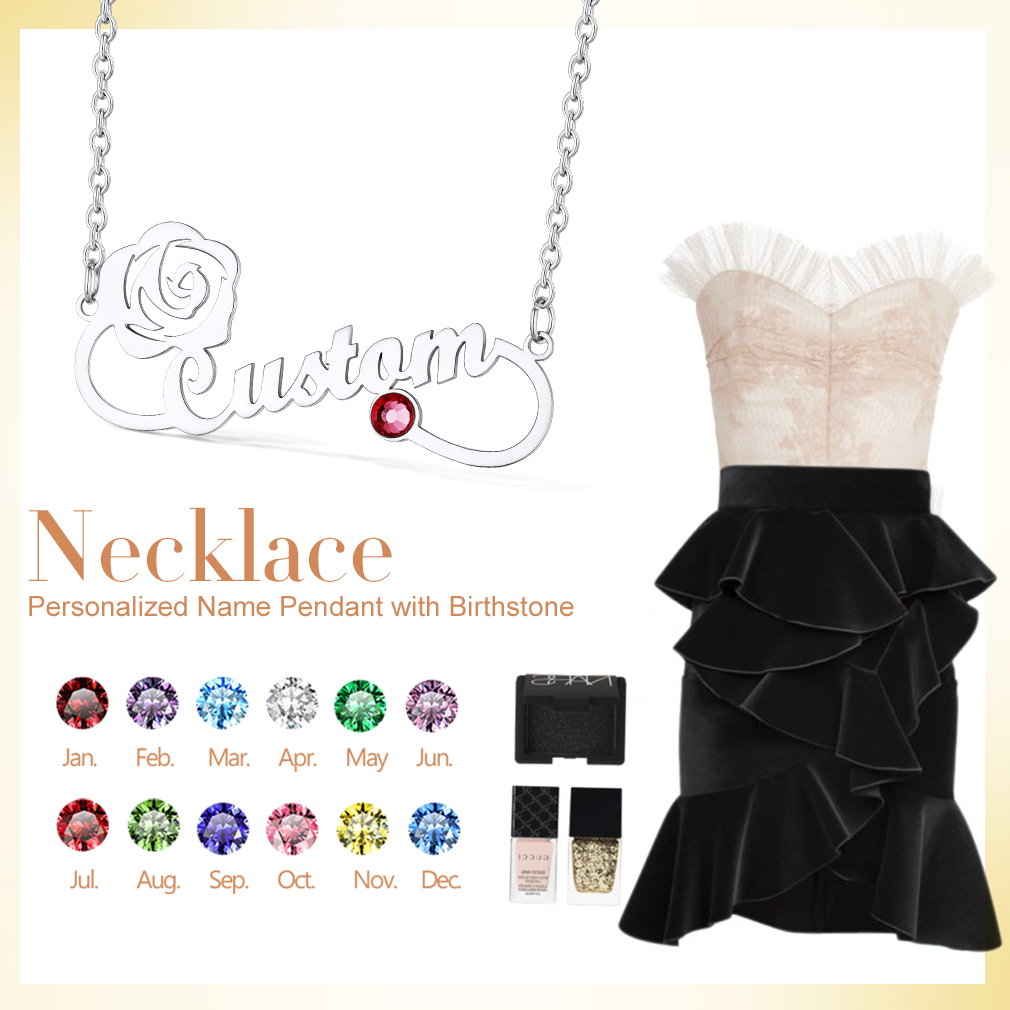Birthstone Name Engraved Infinity Pendant Necklace for Women