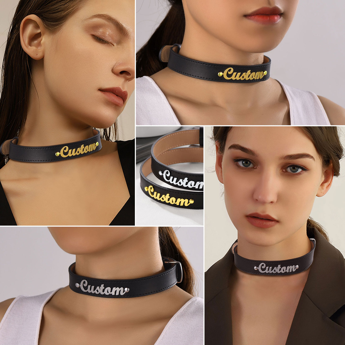 Personalized Name Leather Choker Necklace for Women model show