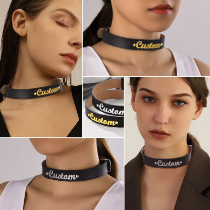 Personalized Name Leather Choker Necklace for Women model show