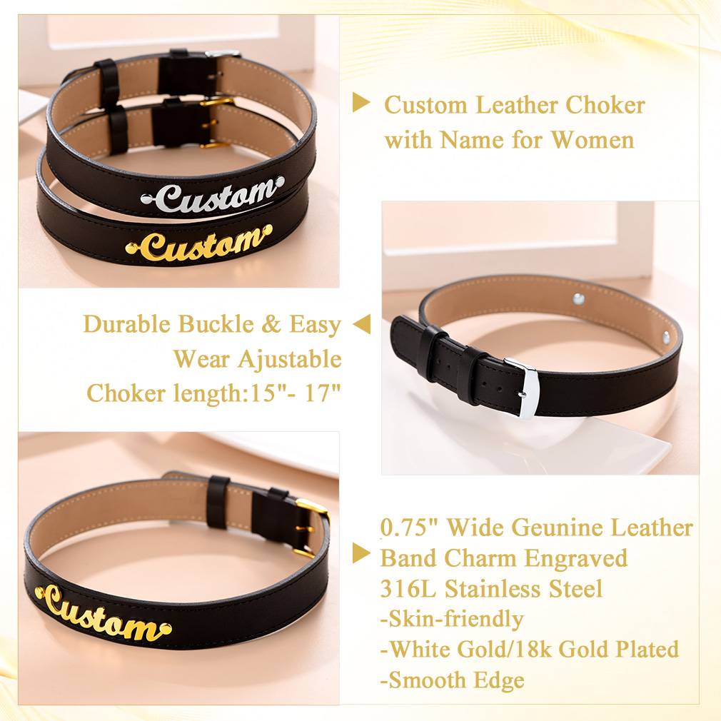 Personalized Name Leather Choker Necklace for Women detail