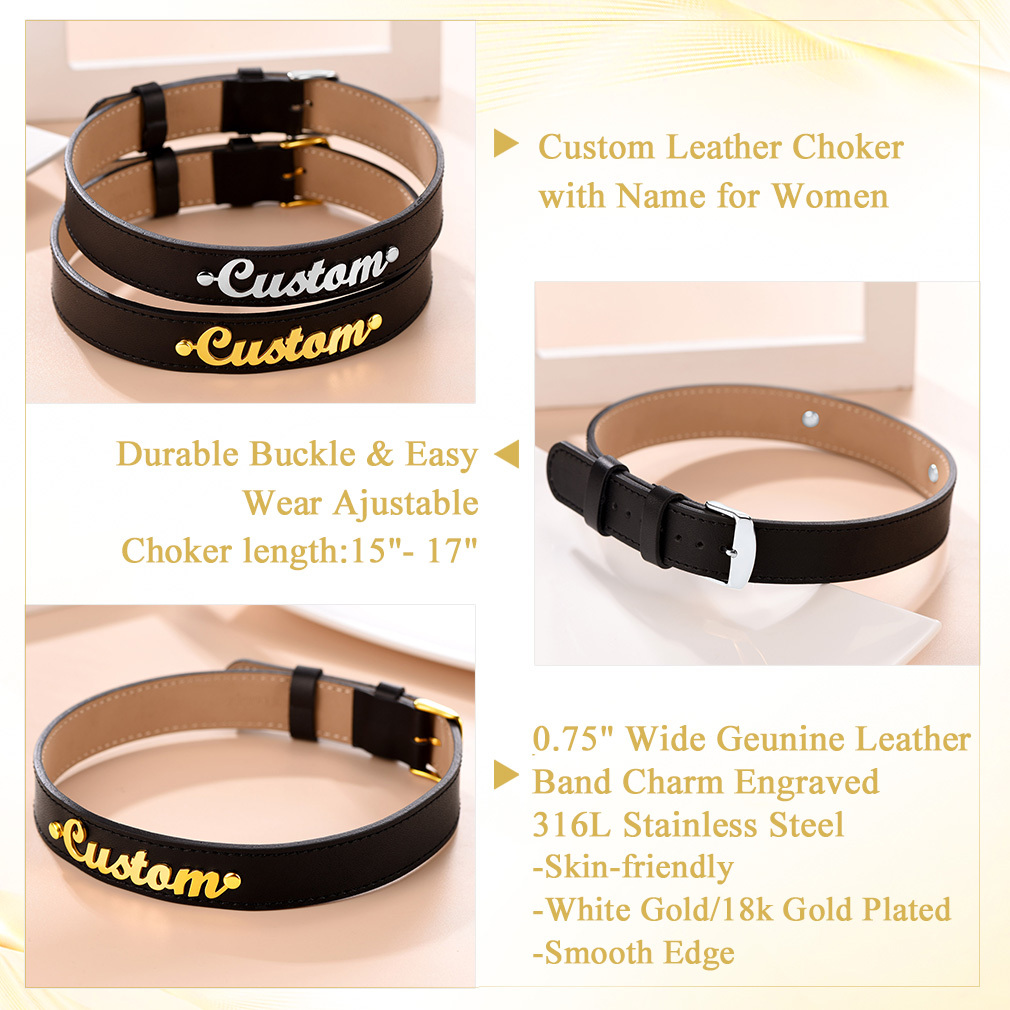 Personalized Name Leather Choker Necklace for Women detail