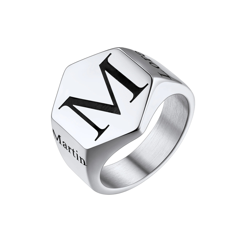 Personalized Engraved Hexagon Signet Rings for Men silver