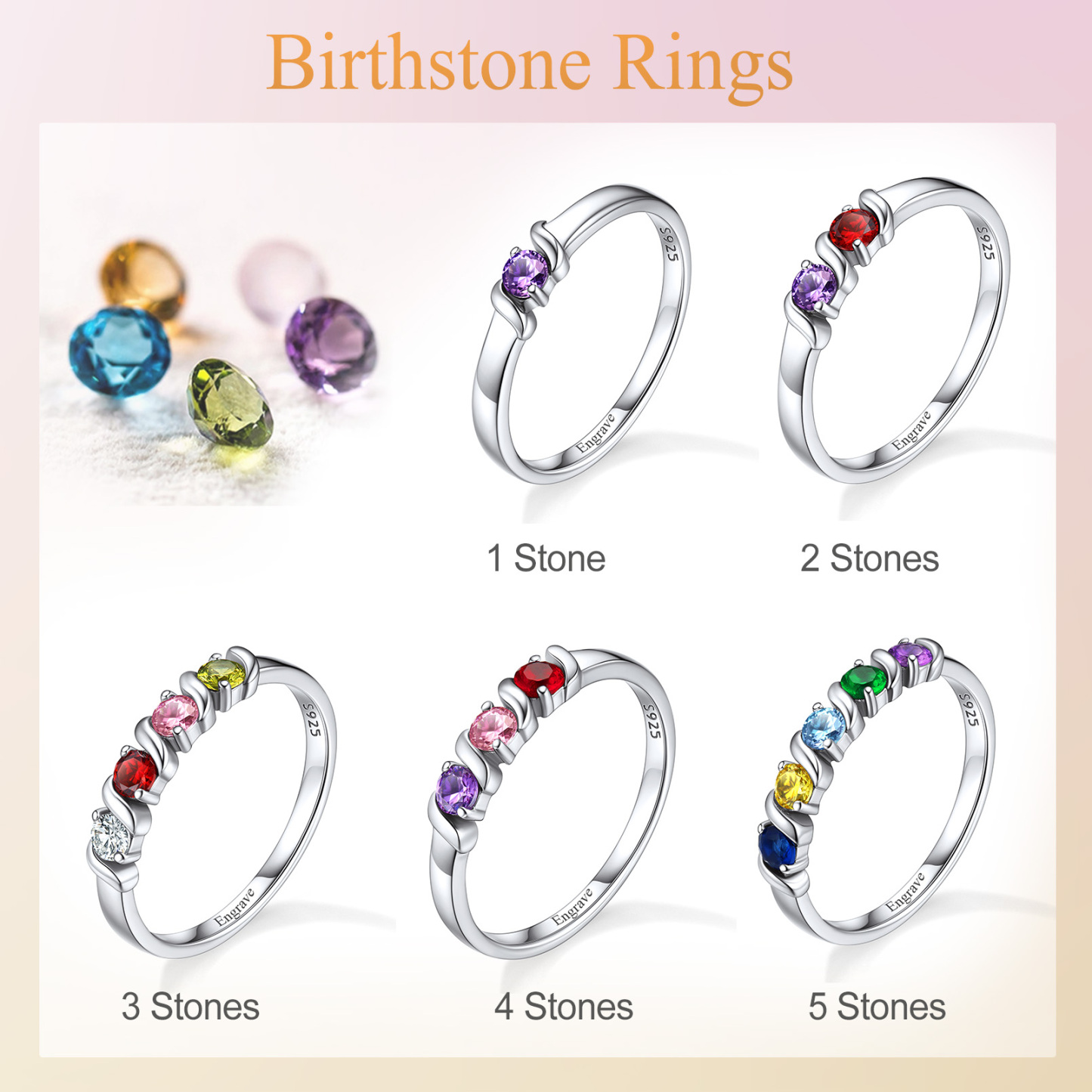 Personalized Sterling Silver Family Birthstone Ring for Mom 