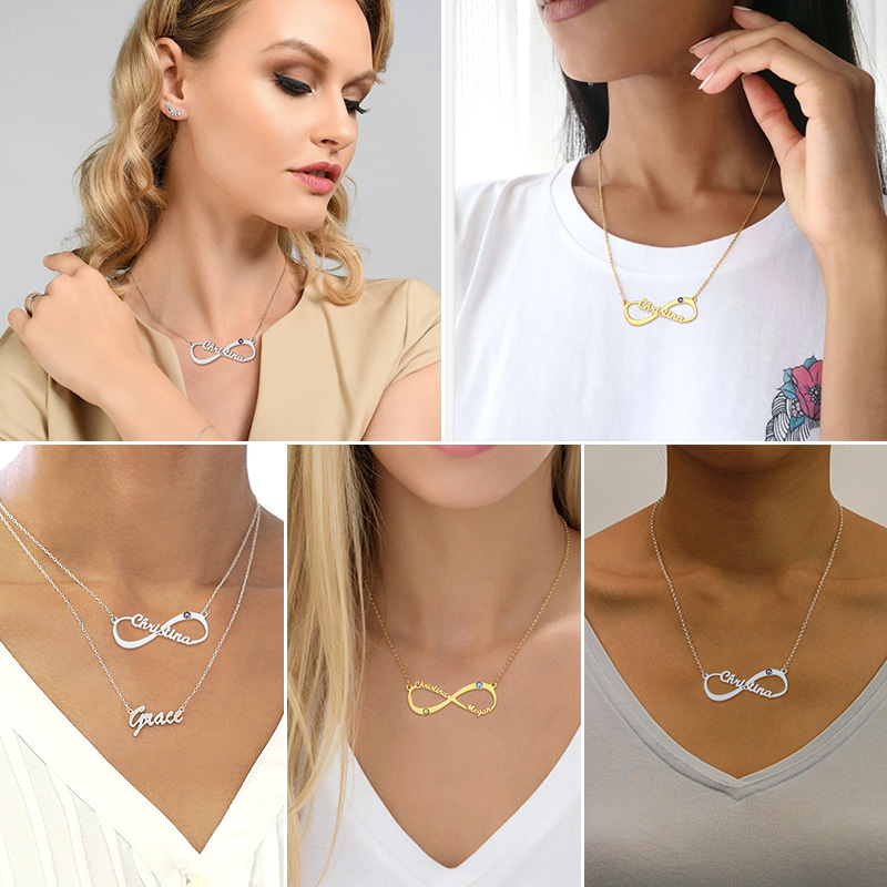 Personalized Birthstone Infinity 3 Names Necklace for Women model show
