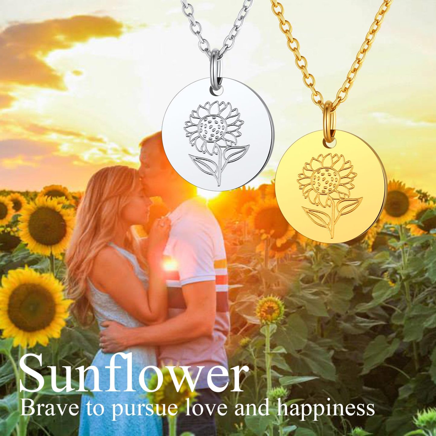 Personalized Birth Flower Birthstone Coin Necklace sunflower