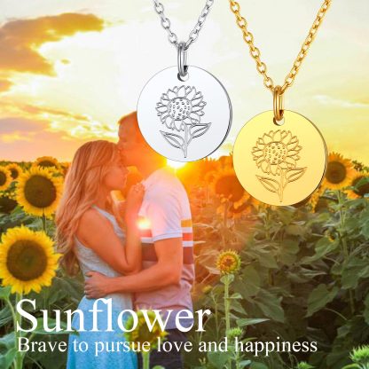 Personalized Birth Flower Birthstone Coin Necklace sunflower