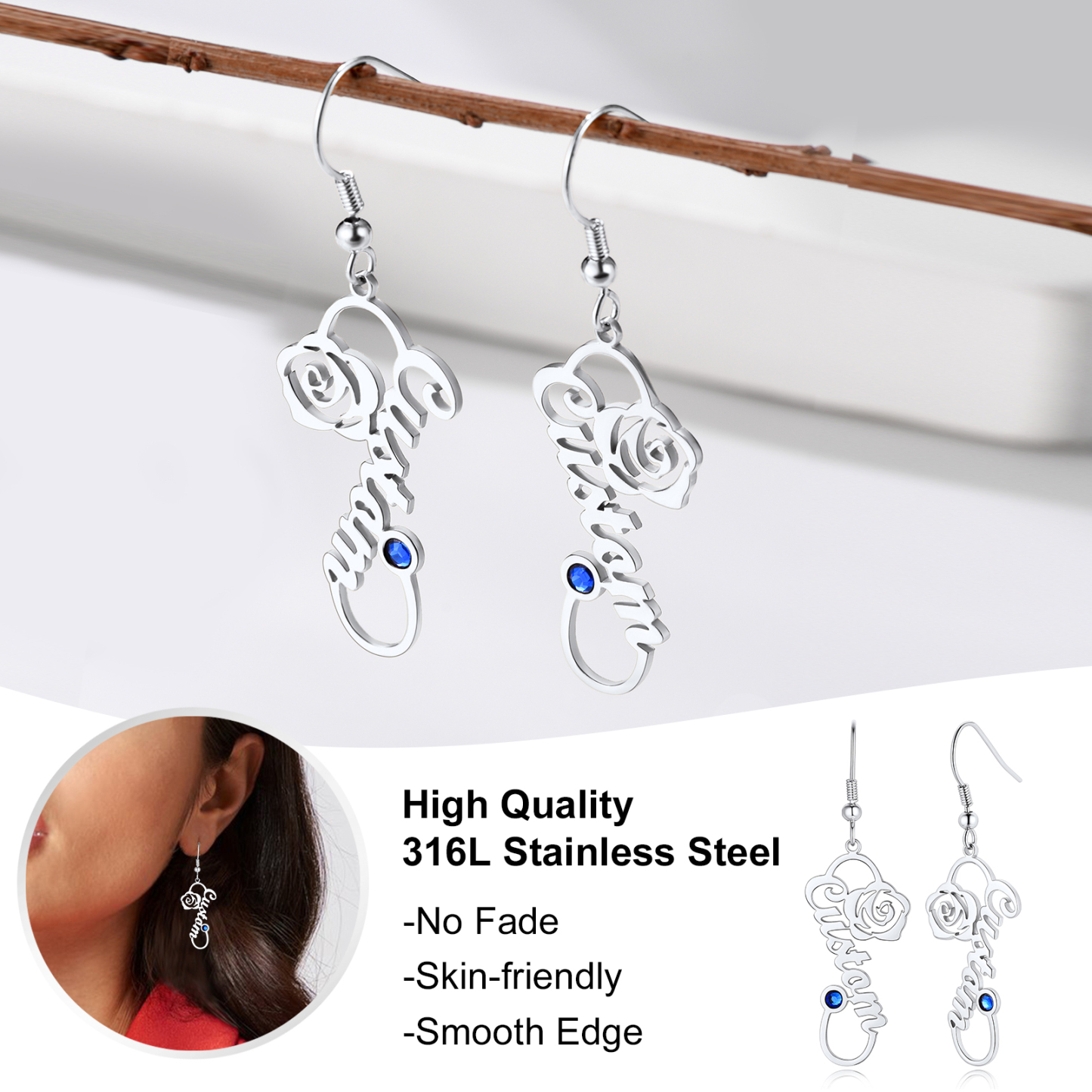 Personalized Birthstone Infinity Name Drop Earrings for Women silver stainless steel