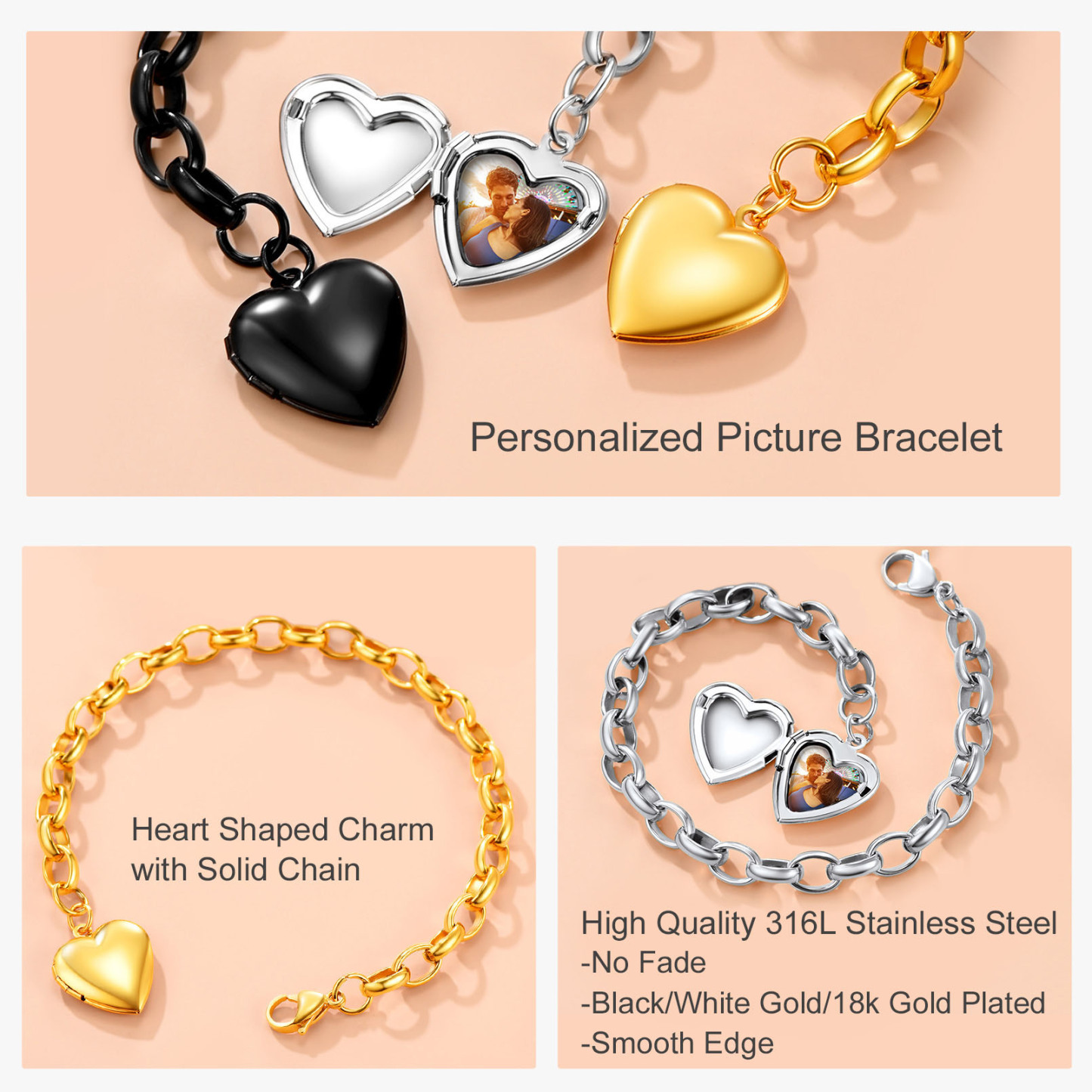 Photo Personalized Engraved Heart Charm Bracelet detail