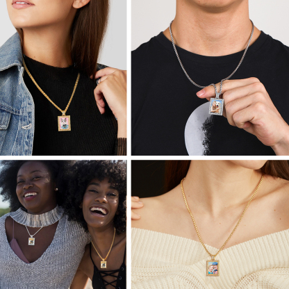 Personalized Photo Frame Shaped Pendant Necklace for Men Women model show