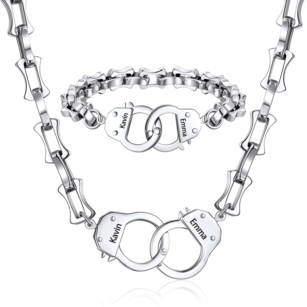 Personalized Handcuff Bamboo Link Necklace & Bracelet Set