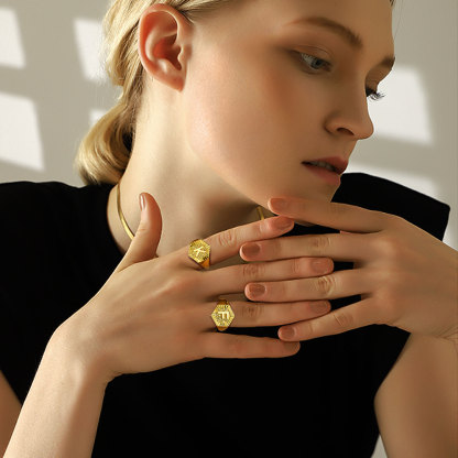 A-Z Letter Initial Ring 18K Gold Plated Statement Hexagon Jewelry model