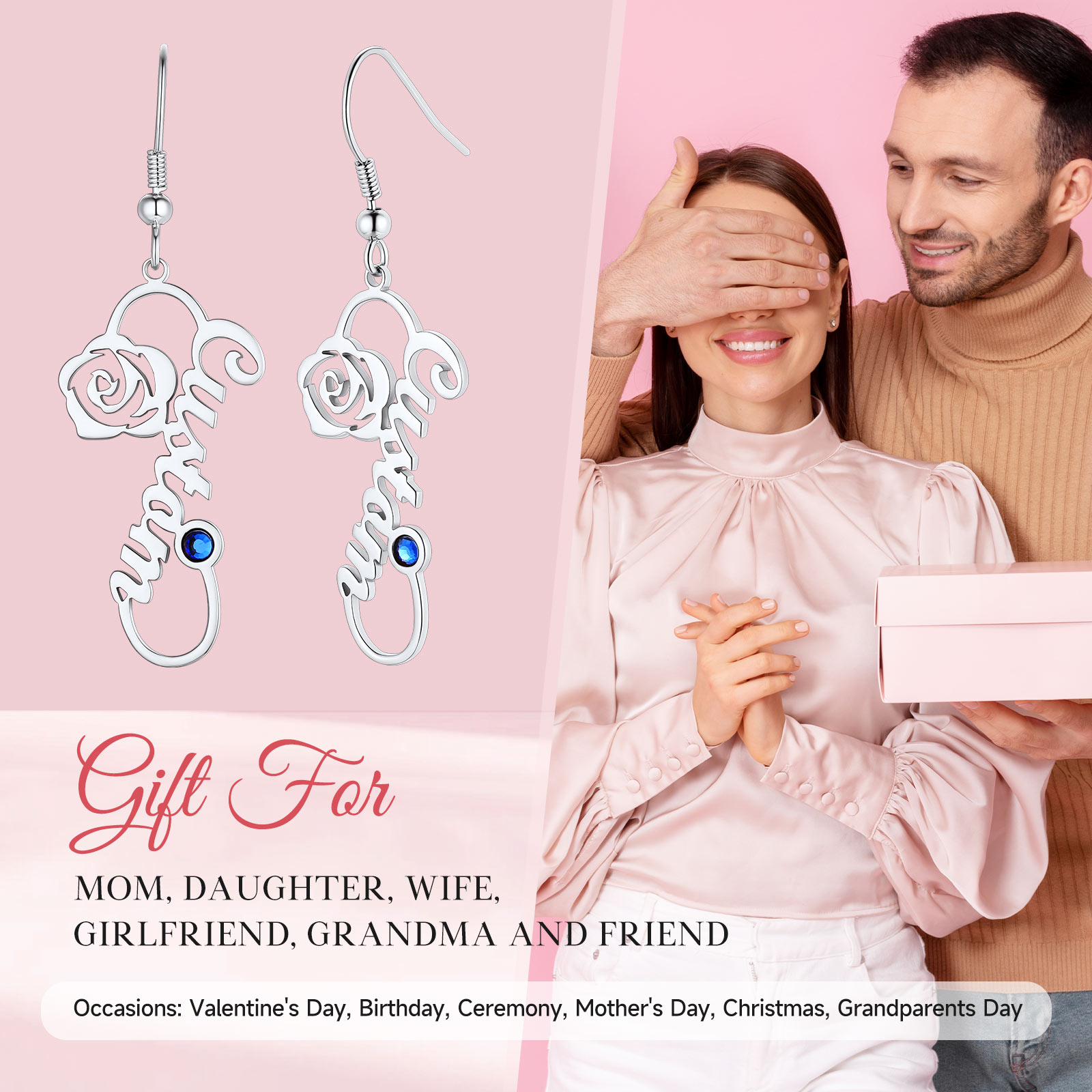 Personalized Birthstone Infinity Name Drop Earrings for Women Occasions