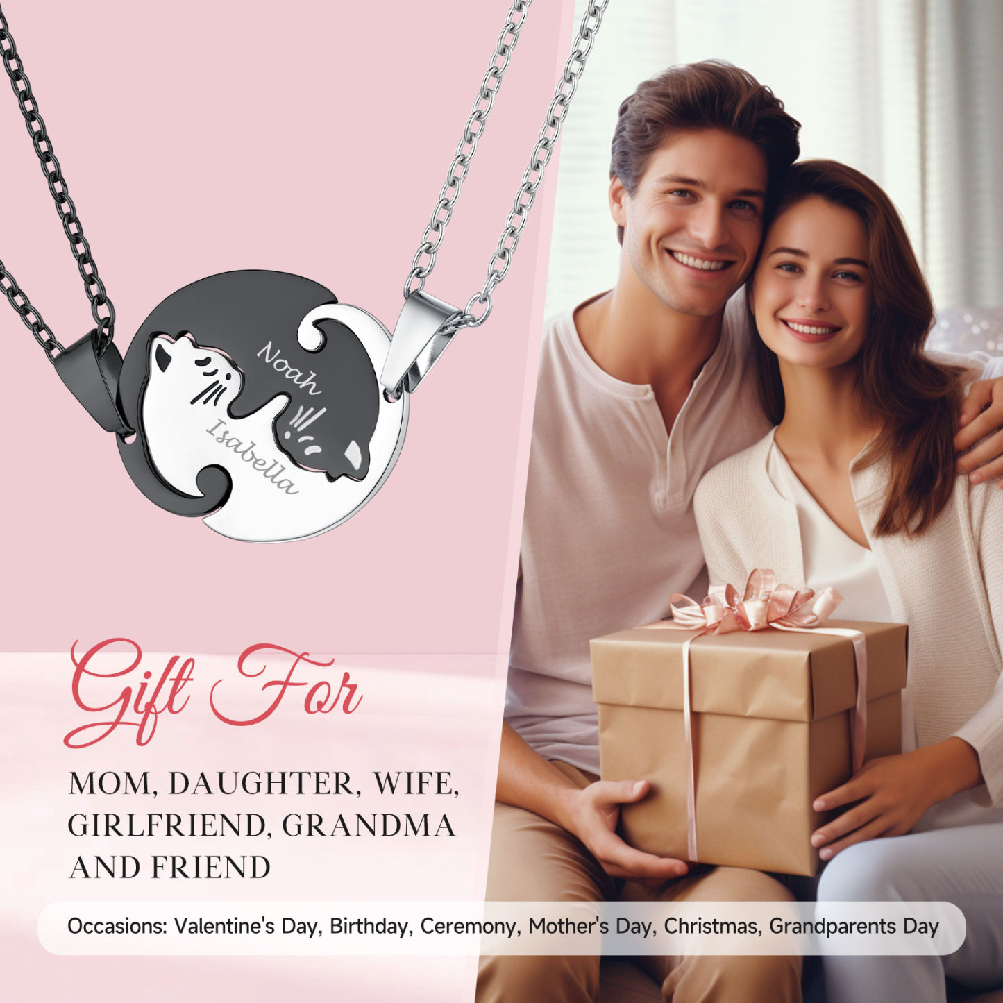 Personalized Couple's Name Engraved Cat Matching Necklace gift