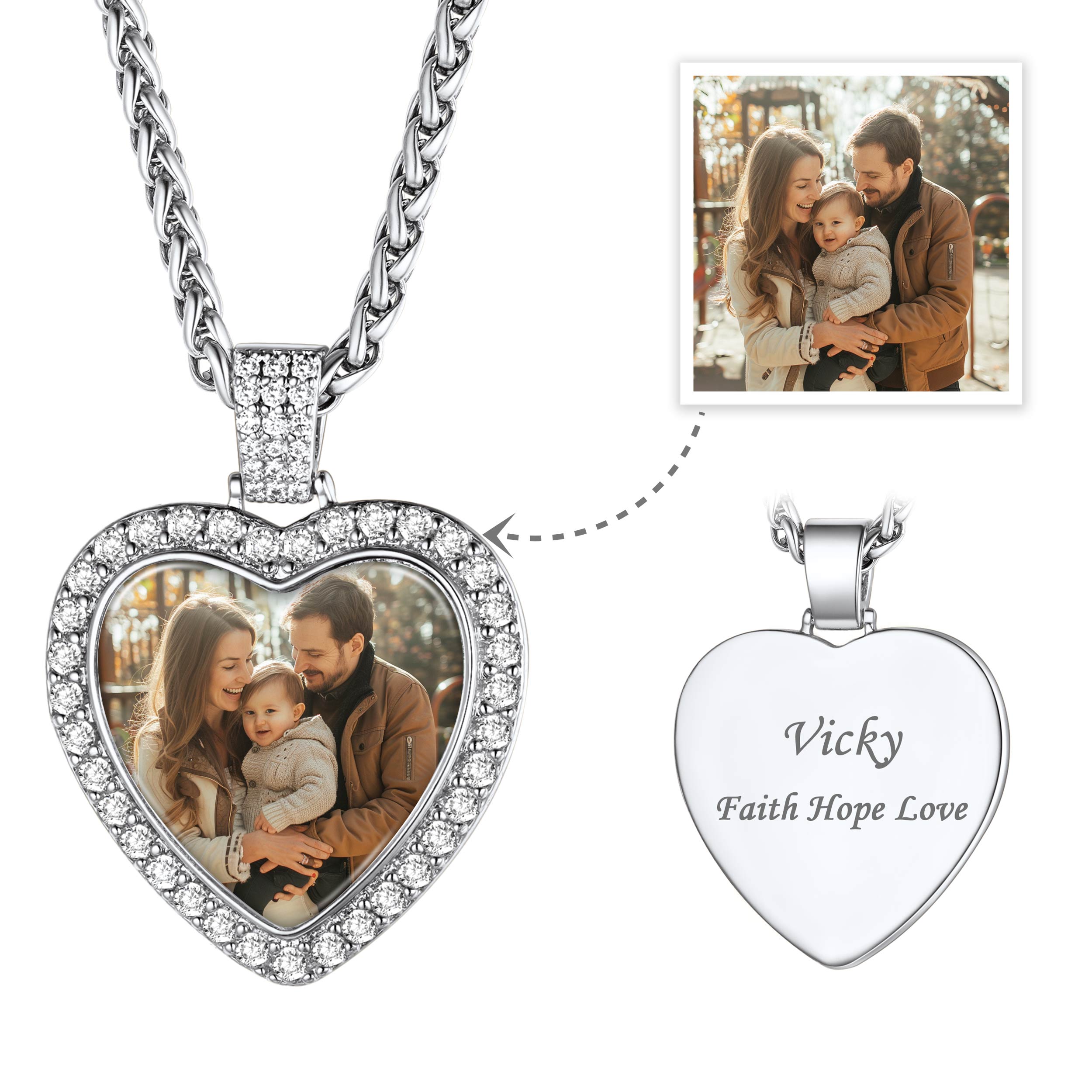 Personalized Heart Photo Necklace Iced Out Picture Pendant