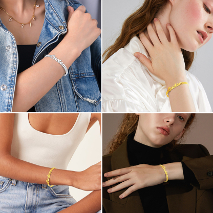 Personalized Name Engraved Cuff Bracelets for Women model show