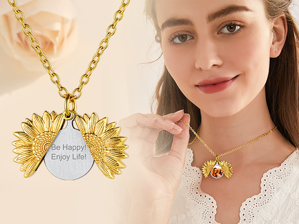 Personalized Photo Sunflower Locket Necklace model
