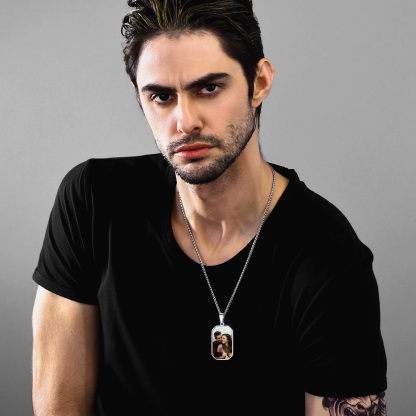 Customized Octagon Dog Tag Picture Necklace Male Model 
