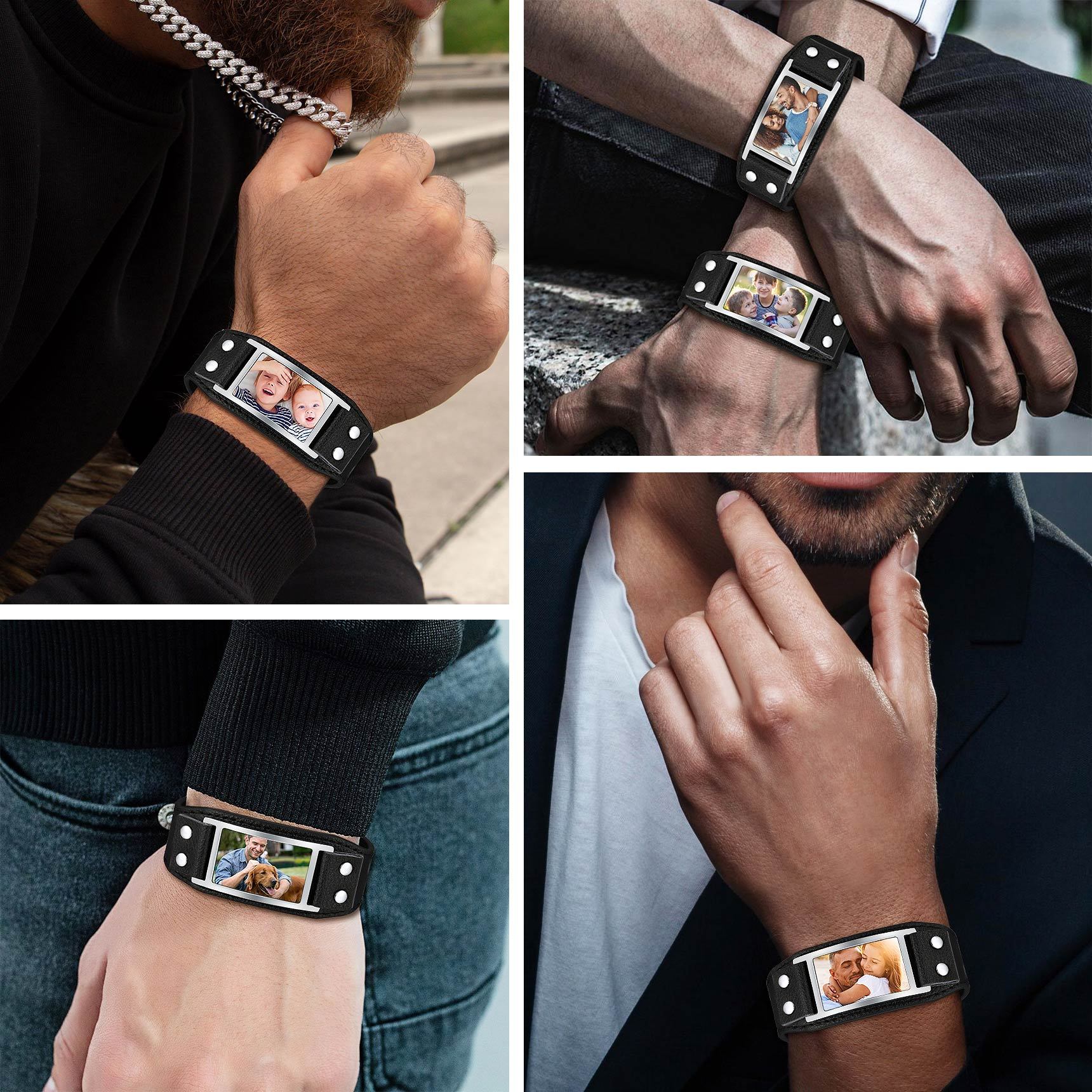 Custom Leather Band Bracelet with Picture for Men model show