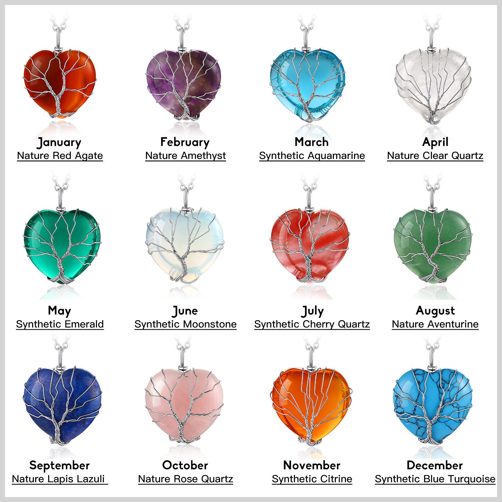 Birthstone Heart Wrapped Healing Crystal Pendant Necklace