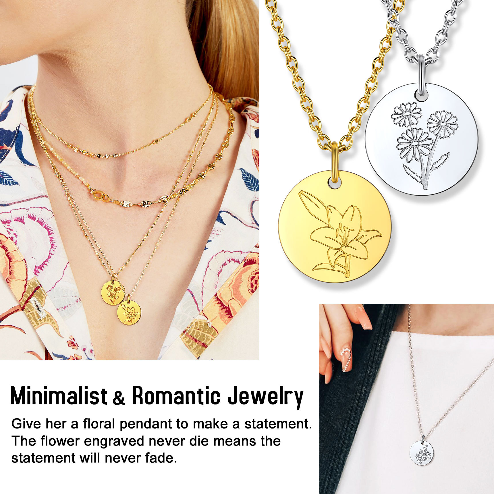 Personalized Birth Flower Birthstone Coin Necklace gift for her