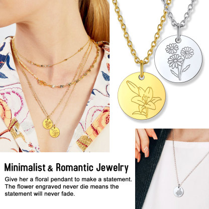 Personalized Birth Flower Birthstone Coin Necklace gift for her