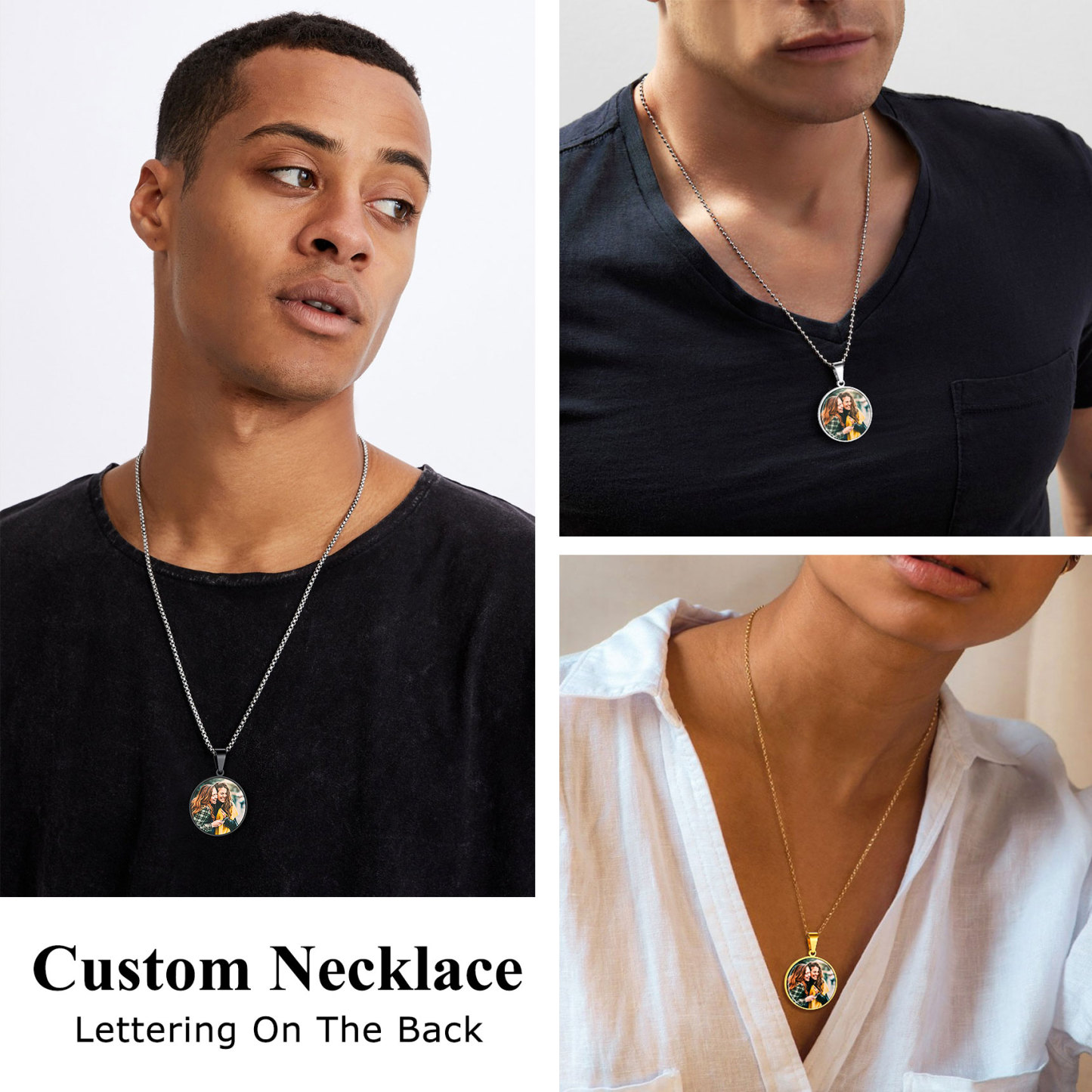 Personalized Photo Engraved Round Pendant Necklace for Men Women model show