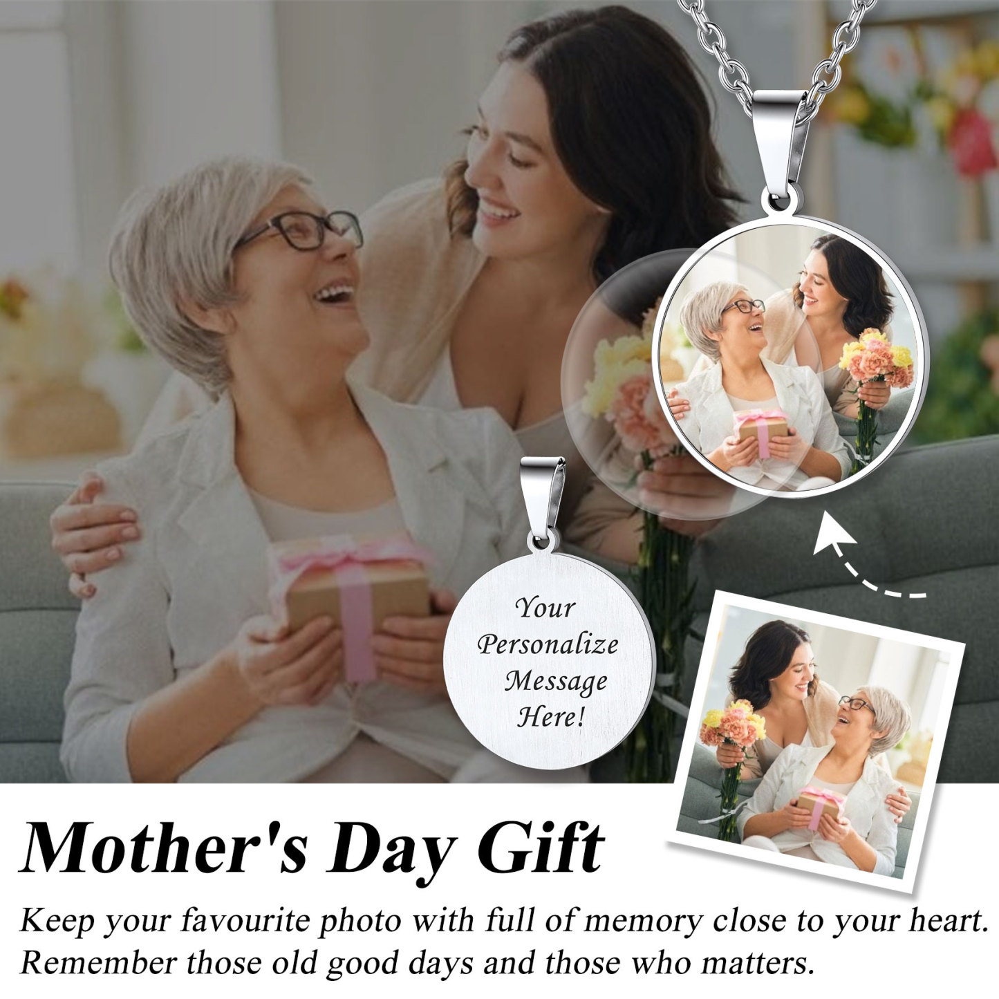 Personalized Photo Engraved Round Pendant Necklace for mom