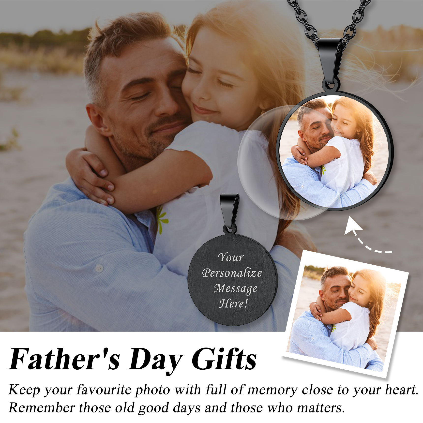 Personalized Photo Engraved Round Pendant Necklace for dad