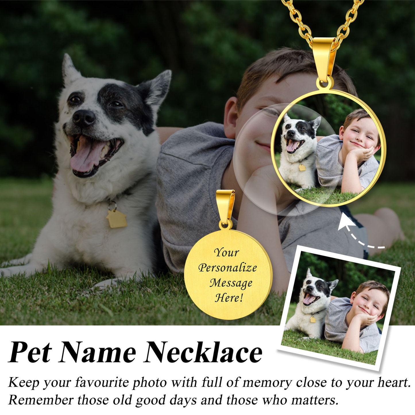 Personalized Photo Engraved Round Pendant Necklace for Men Women pet